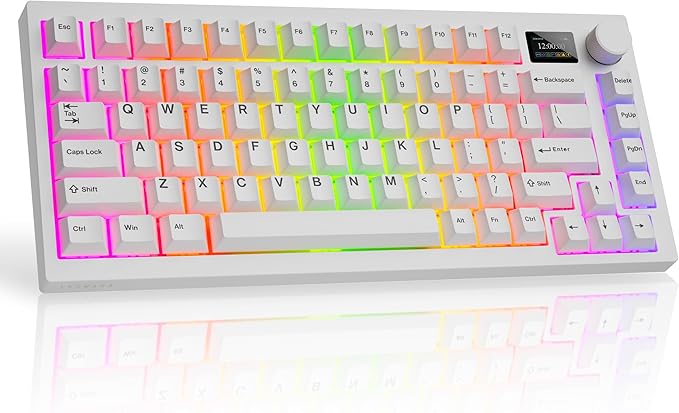 TECWARE Spectre 75 Mechanical Gaming Keyboard | Customizable LCD Screen Display & Knob | Tri-Mode Wireless Bluetooth 2.4GHz | Gasket Mount Hot Swappable | White Candy Red Linear Switches