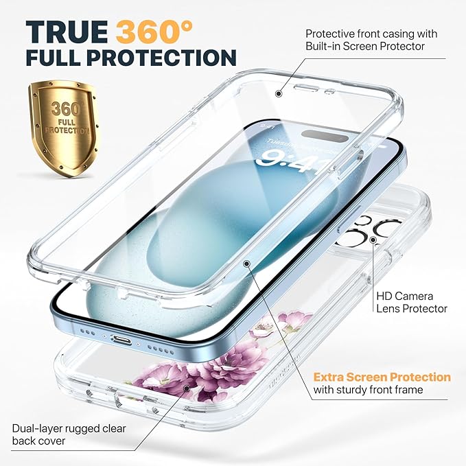 Diaclara Designed for iPhone 15 Plus Phone Case,Full Body Rugged Case with Built-in Screen Protector+9H Tempered Glass Camera Lens Protector (Clear Flower)