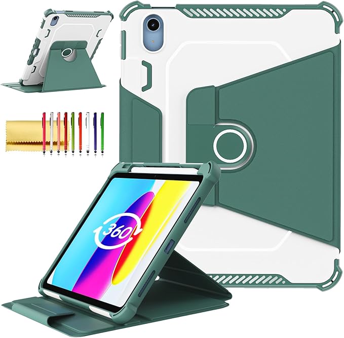 Rotating Case for iPad 11" A16 2025 / iPad 10th Generation 10.9" 2022 Smart Cover with Pencil Holder, Techcircle [Corner Protection] Hybrid TPU+PC Magnetic Flip Stand Soft Bumper Cover, Midnight Green
