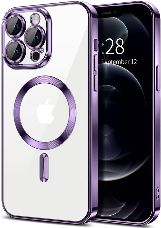 Hython Magnetic Clear for iPhone 12 Pro Max Case with Camera Lens Protector [Compatible with MagSafe] Plating Edge Slim Soft TPU Cover Protective Phone Case for iPhone 12 Pro Max 6.7", Deep Purple