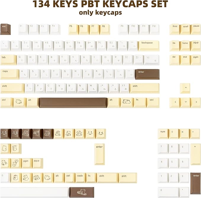 Minimalist Yellow PBT Keycaps 134Keys - Custom Cute Japanese Keycap Cherry Profile Dye Sublimation - Brown Bear Key caps for Cherry MX, Outemu, Gateron Mechanical Keyboards