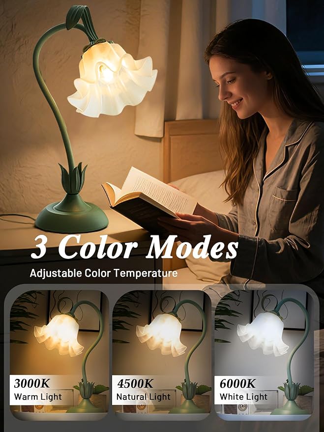 Mothers Day Gifts for Mom, Flower Table Lamp, LED Reading Light 3 Color Modes Bedside Lamps, Vintage Flower Nightstand Lamp Kawaii Table Lamps for Bedroom Living Room Home Decoration(Green lamp)
