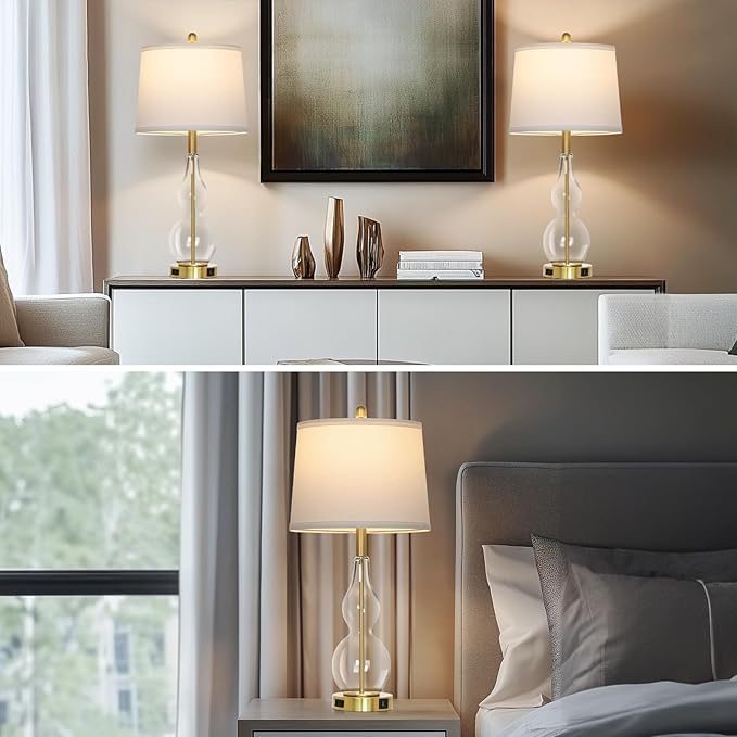 Rinweey 27.5" Clear Glass Table Lamp Set of 2,3-Way Dimmable Touch Control Bedside Lamps with USB Ports and AC Outlet, Modern Nightstand Lamps Gold lamp for Bedroom Living Room