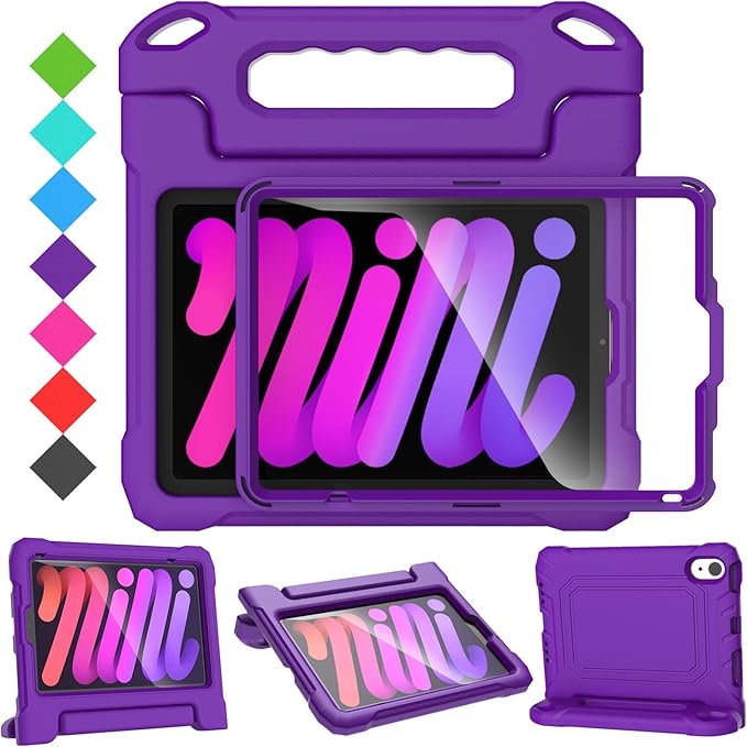 SUPLIK Kids Case for iPad mini 7 (A17 Pro) 2024 & Mini 6 2021, iPad mini 6th/7th Generation Case with Screen Protector, Durable Shockproof Handle Stand Cover for 8.3-inch iPad mini 6/7 Gen, Purple