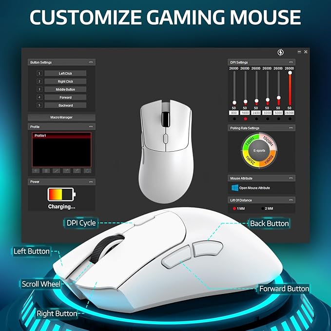 ATTACK SHARK R1 Wireless Gaming Mouse,Tri-Mode Connection (2.4G/Wired/BT5.2),55g Lightweight,18K DPI Optical Sensor,HUYU 20 Million Key Life,Ergonomic Design,for PC/Laptop/Win/Mac(White)