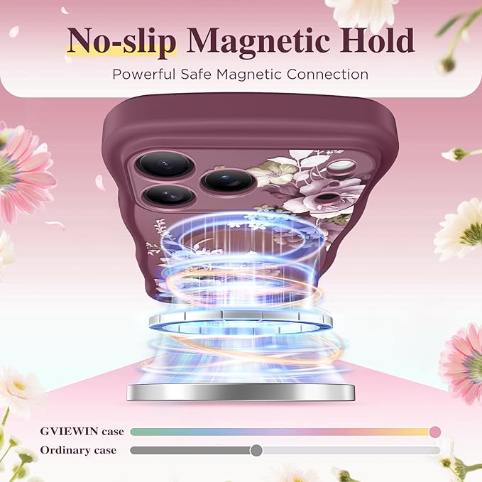 GVIEWIN for iPhone 17 Pro Case Compatible with MagSafe [Curly Wave Edge][Full Camera Protection]Floral Translucent Shockproof Magnetic Women Phone Case for iPhone 17 Pro 6.3'',Cherry Blossoms/Burgundy