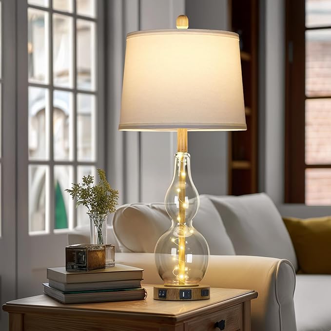 Rinweey 27.5" Clear Glass Table Lamp Set of 2 with Night Light,Bedside Lamps with USB Ports and AC Outlet, Modern Nightstand Lamps Retro Farmhouse lamp for Bedroom Living Room
