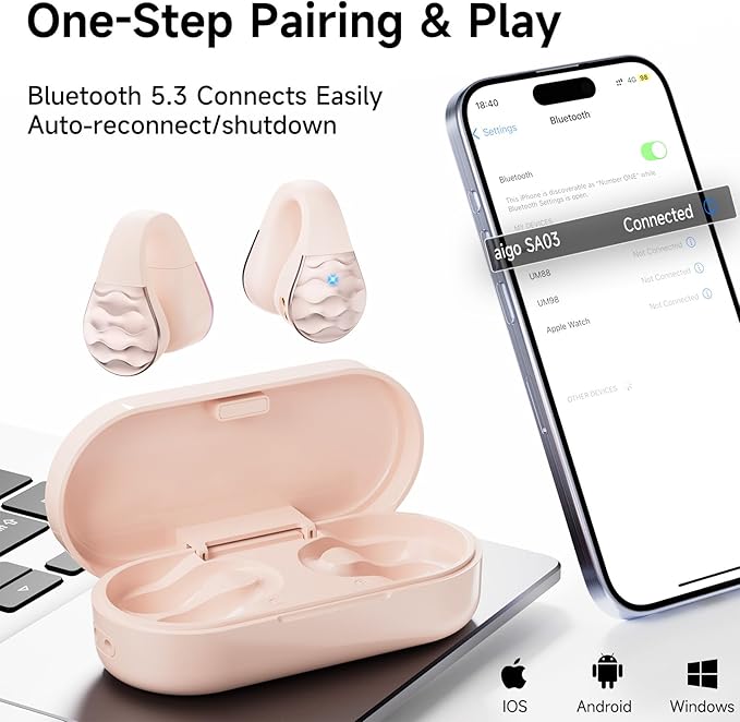 aigo Open Ear Earbuds, Wireless Bluetooth Earphone, Clip on Headphones, Over The Ear Earbuds for Fitness Running Gym Workouts, Built-in Mic, Wireless Charging, Pink Headset