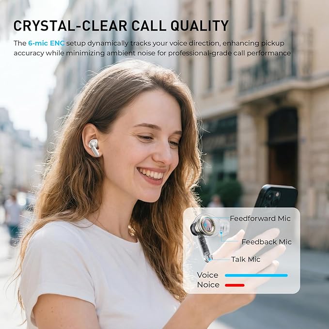 havit Hybrid Active Noise Cancelling Wireless Earbuds, Bluetooth 6.0 in-Ear Headphones, 6 Mics ENC Clear Call Ear Buds, 30+H Playtime, 3D Spatial Audio, Custom EQ via App, IPX5 Waterproof Grey