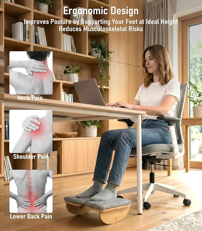 Bamboo Under Desk Foot Rest with Washable Cushion,Foldable Ergonomic Foot Stool,Rocking Footrest for Under Office Desk, Desk Leg Rest for Home Office (Natural Color)