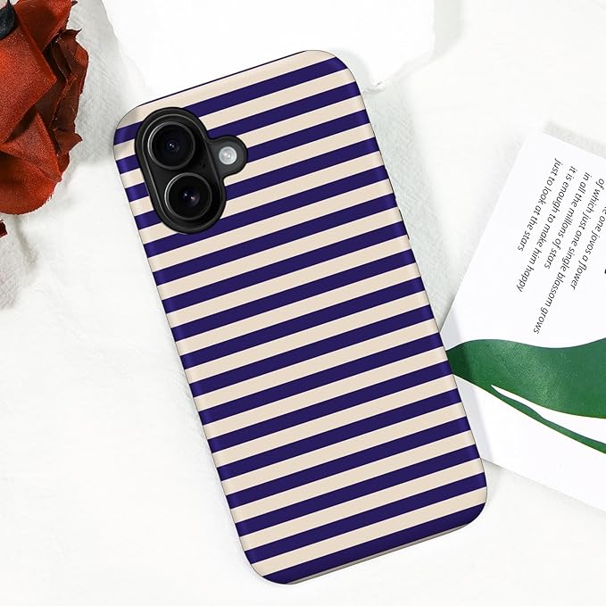 Magnetic for iPhone 16 Case Cute Stripes Phone Case, Shockproof Slim TPU and Hard PC Protective Phone Cover Compatible with MagSafe Designed for Women Girls, Blue&Apricot