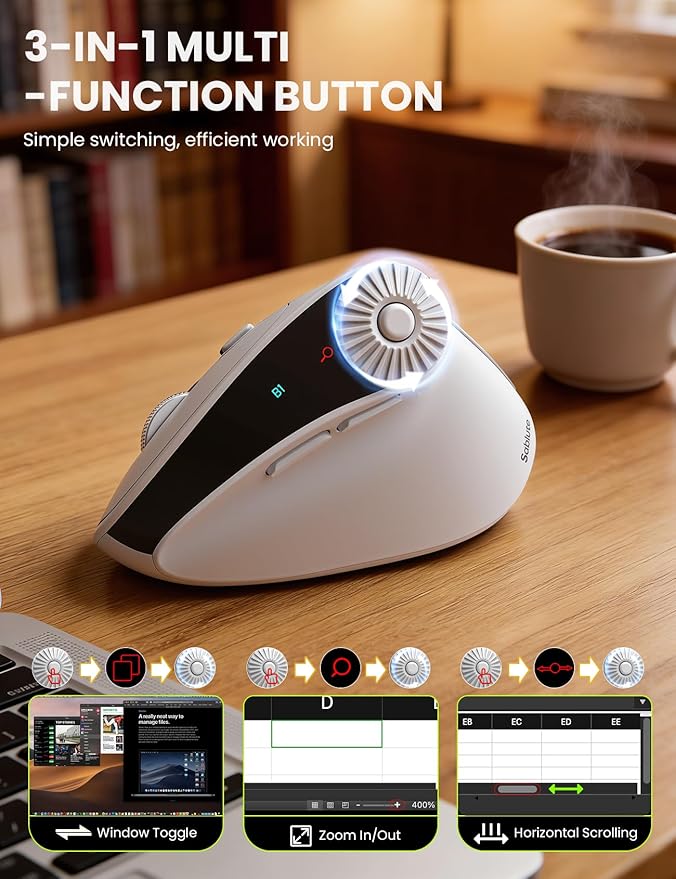 SABLUTE MAM51 Ergonomic Mouse Wireless with 3-in-1 Quick-Switch Scroll Wheel, Vertical Mouse with 4000 DPI, 8 Buttons Wireless Computer Mouse, 2.4Ghz/Bluetooth Mouse for Laptop and Desktop-White