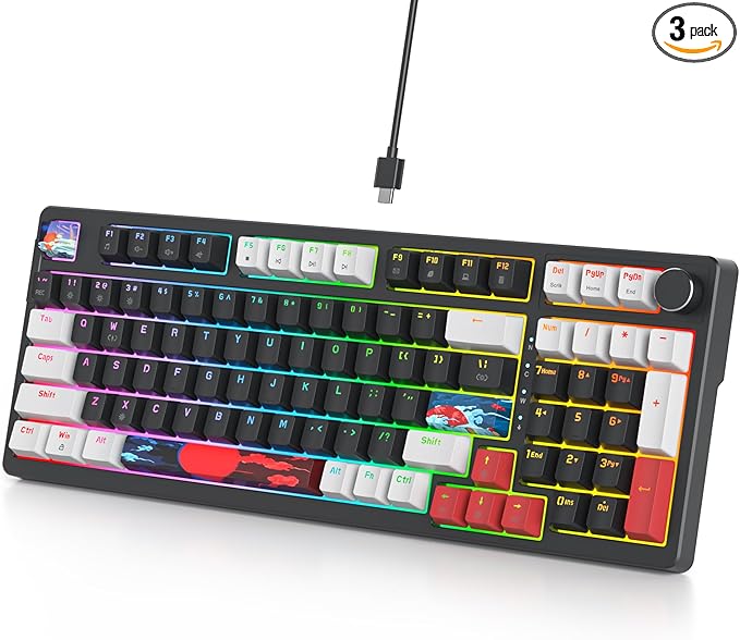 Wired Creamy Gaming Keyboard with Number Pad, 96% Hot-swappable Mechanical Keyboard, Full Layout Custom Keyboard Gasket Mounted with Red Switch Knob Control(Black)
