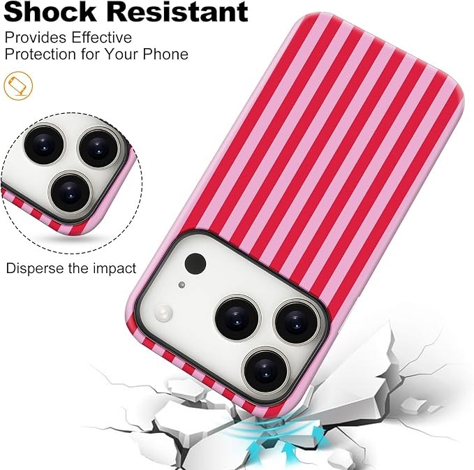 Magnetic for iPhone 17 Pro Case Cute Stripes Phone Case, Shockproof Slim TPU and Hard PC Protective Phone Cover Compatible with MagSafe Designed for Women Girls, Pink and White