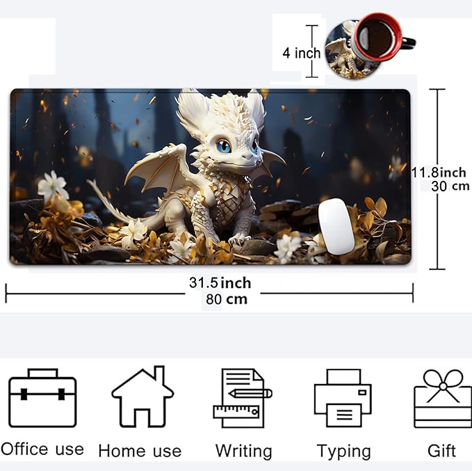 Large Mouse Pad, 31.5 x 11.8in Extended Gaming Mouse Pad with Stitched Edges, XXL Mousepad Protector Non Slip Rubber Base for Office and Home Writing Mat, Cute Little White Dragon Pattern Desk Mat