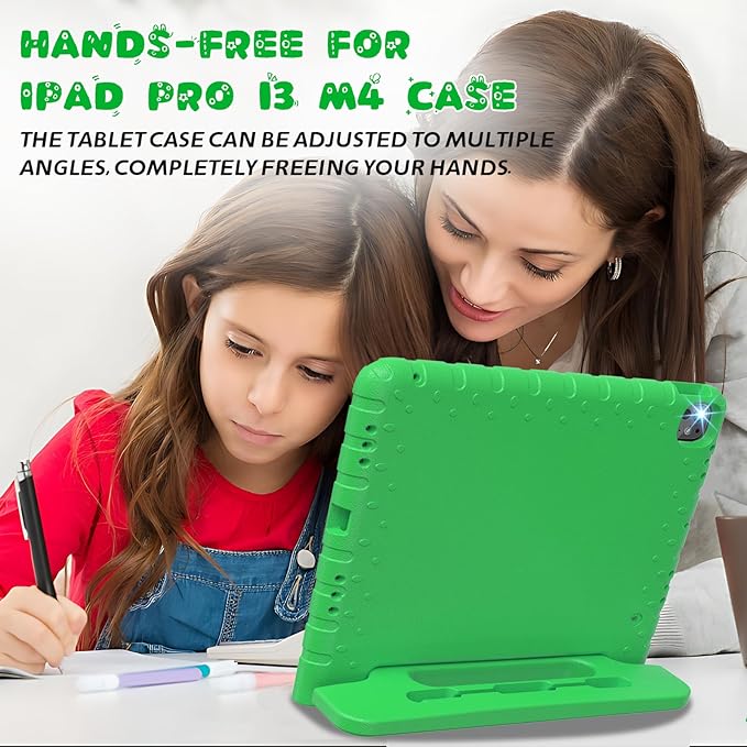 for iPad Pro 13 inch Case 2024, Shockproof Kids iPad 13 Pro Case, Protective Cover for iPad Pro 13 M4 with Pencil Holder, Anti-Slip Handle Stand, Green