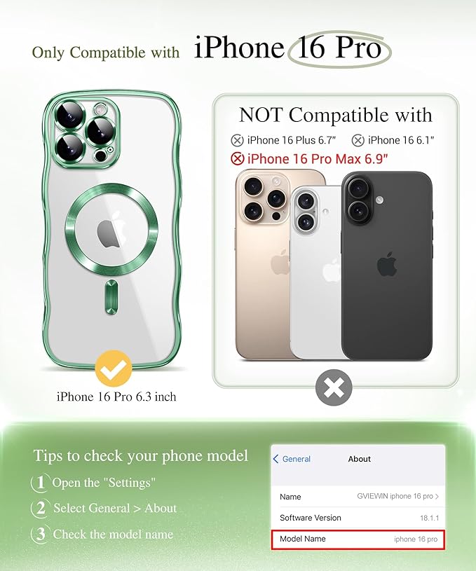 GVIEWIN for iPhone 16 Pro Case Compatible with MagSafe, Upgraded [Full Camera Protection][Cute Wave Frame][Military Grade Protection] Electroplated Soft Phone Cover for Women Girl, Clear/Green