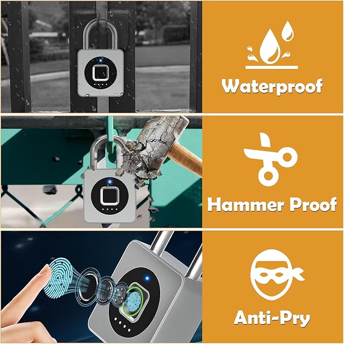Pothunder Fingerprint Padlock, Fingerprint Lock with APP, Padlock with Steel Cable Keyless Biometric, Waterproof Suitable for Gym, Locker, Helmet, Gate, Fence, Luggage