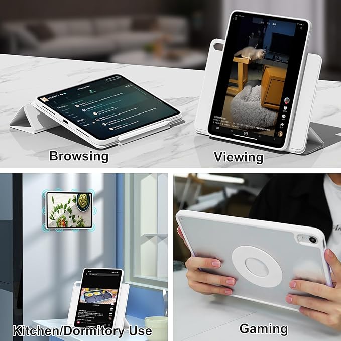 ZENLU iPad 10th 11th Generation Magnetic Case with Removable Folio Cover, Semi-Silicone Leather, Vertical Stand, Clear Back, Smart Sleep/Wake, Full Protective Case for iPad 10 & 11(A16) (White)