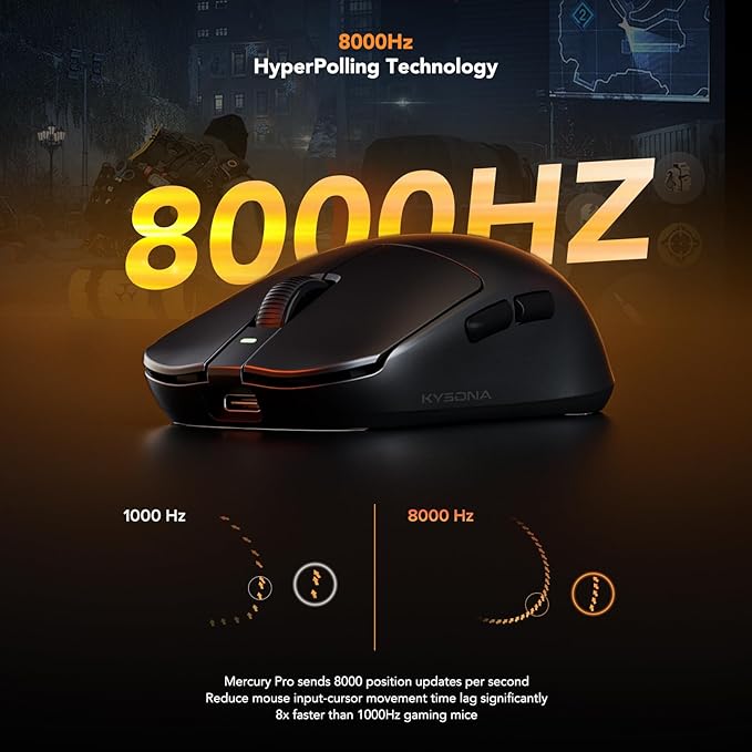 KYSONA Mercury Wireless Gaming Mouse，41g Ultalight, PAW3395 Sensor, 8K Polling Rate,26000 DPI,5 Programmable Buttons Optical Mice for PC/MAC/Laptop,Black