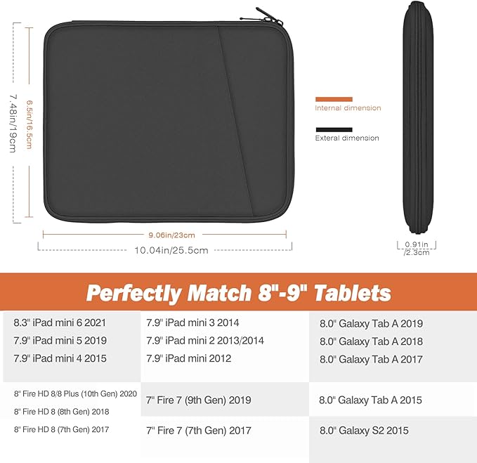 MoKo 8-9 Inch Tablet Sleeve, Fits iPad mini (A17 Pro) 8.3" 2024, iPad mini 6/5/4/3/2/1, Galaxy Tab A7 Lite 8.7/Tab A9 8.7/Tab A 8.0/Tab A 8.4, Protective Sleeve Carrying Case with Pockets, Dark Gray