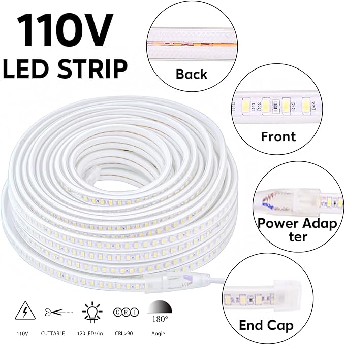 15M Led Strip Lights for Outdoor Waterproof LED Rope Lights 49.2ft White 4000K AC 110V ~120V Connectable Led Flexible Light for Indoor Kitchen Cabinet Closet White Lighting