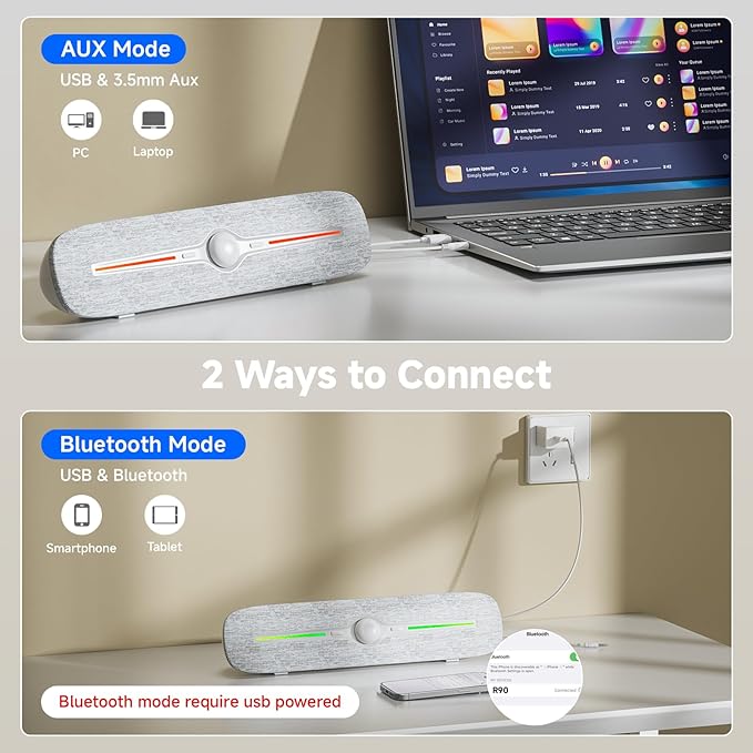 SOULION Computer Speakers for Desktop, USB Powered Bluetooth PC Speaker with Led Light, 3.5mm Aux Soundbar with Rotary Volume Control Button for Laptop Monitor White