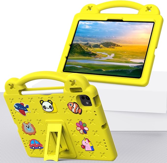 for iPad Air 11 inch Kids Case M3/M2 (2025/2024) & iPad Pro 11 Inch M4 Case 2024 with Pencil Holder/Handle/Kickstand/Cute DIY Soft EVA Shockproof Stand Lightweight Tablet Cover, Yellow Bear