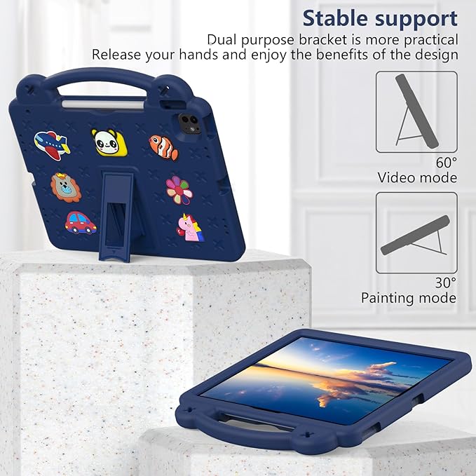 Kids Case for iPad Air 13 inch M3 2025/M2 2024,iPad Pro 13 inch M4 2024 & iPad Pro 12.9 inch Case 6th/5th/4th/3rd Gen 2022 2021 2020 2018 with Stand/Pencil Holder/Handle, Navy Blue Bear