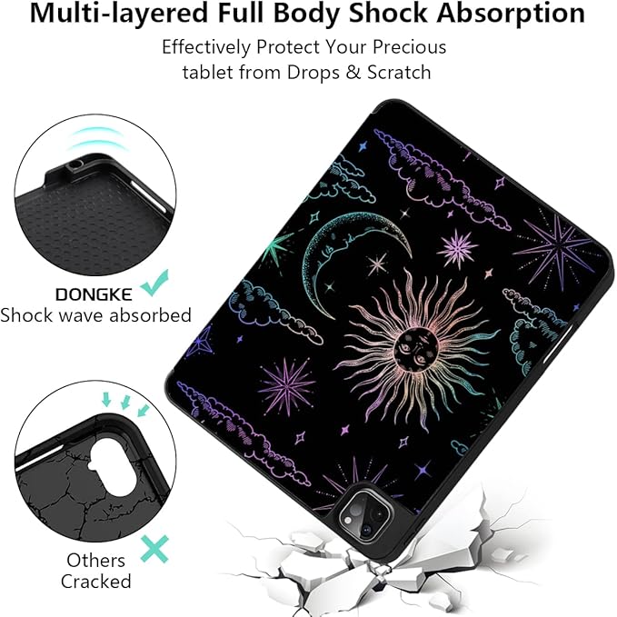 DONGKE Case for 2022/2021/2020/2018 iPad Pro 11 inch Gen 4/3/2/1 - Slim Protective Case - Built in Pencil Holder Support Charging - Trifold Stand & Sleep/Wake Cover - Sun & Moon