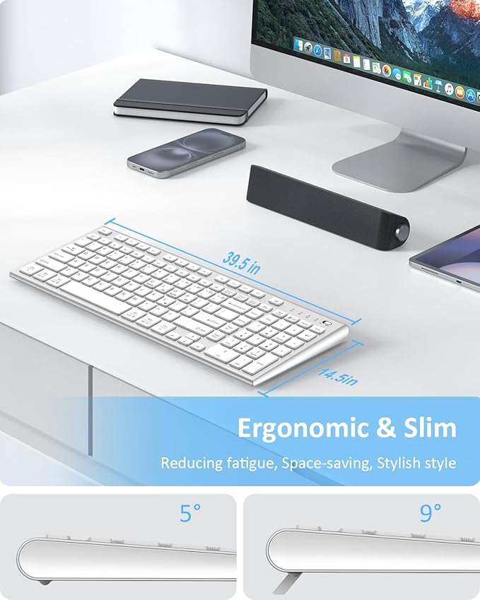 FENIFOX Wireless Keyboard, Bluetooth & 2.4G USB & USB-C Rechargeable Silent Ultra Quiet Low Profile Compact Full Size with Number Pad Soft Multi Device for Mac MacBook Windows PC - White & Silver