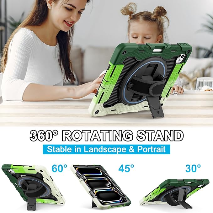 iPad Pro 11 Inch Case M5 2025/M4 2024, Heavy Duty Shockproof Protective Case with Screen Protector, 360° Rotating Stand Hand Strap Shoulder Strap Kids Cover Apple Pencil Holder