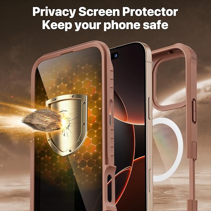 CENHUFO Privacy for iPhone 16 Pro Case, Compatible with Magsafe Magnetic Full Body Case Built-in 9H Tempered Glass Privacy Screen Protector and Camera Lens Protector, Shockproof Cover -Desert Brown