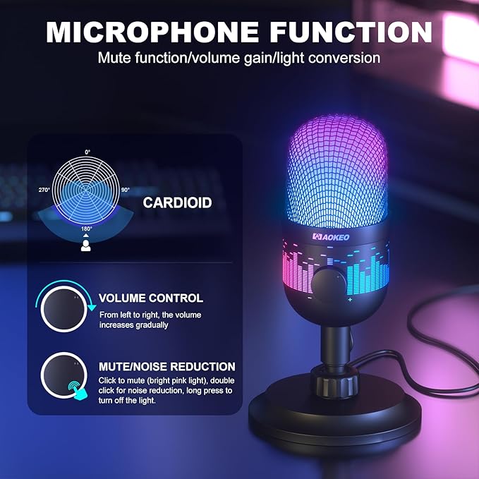 Aokeo USB Gaming Microphone, Condenser Microphone for PC/MAC/PS4/PS5/Phone-Cardioid Mic with RGB Lighting