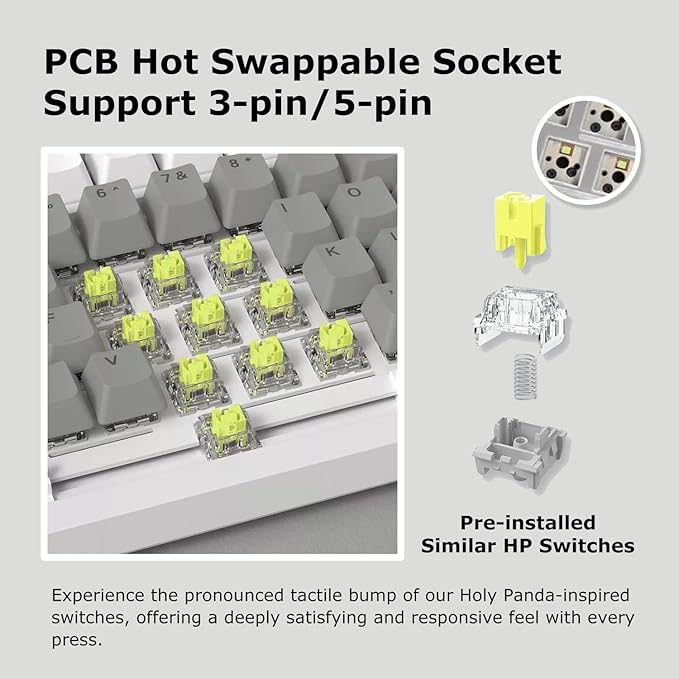 AK820 Wired 75% Mechanical Keyboard, Hot-Swappable Gasket-Mounted Gaming Keyboard with Similar HP Switches, 81 PBT Keycaps White-Grey Layout, Multimedia Keys Knob, White Backlit