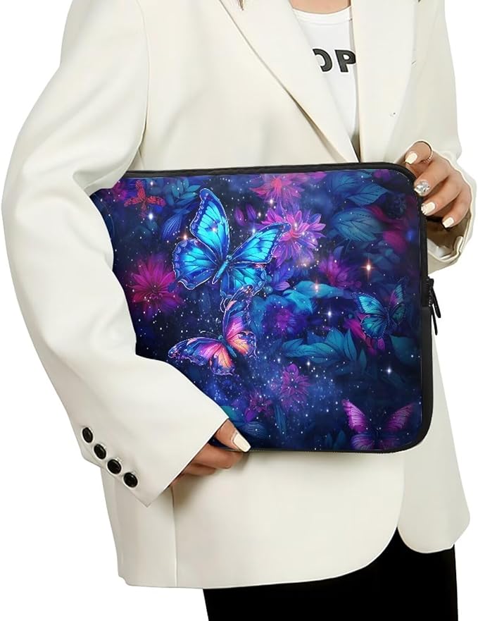 Butterfly Flower Laptop Sleeve - 10 inch Laptop Case for Women & Girls - Galaxy Computer Sleeve with Multiple Uses