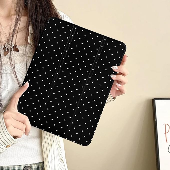 Lovmooful Compatible for iPad Pro 11-Inch,2022/2021/2020/2018 Model(4th/3rd/2nd/1st Generation) Case with Pencil Holder Cute Polka Dot with Aesthetic Design Soft TPU Trifold Stand Protective-Black