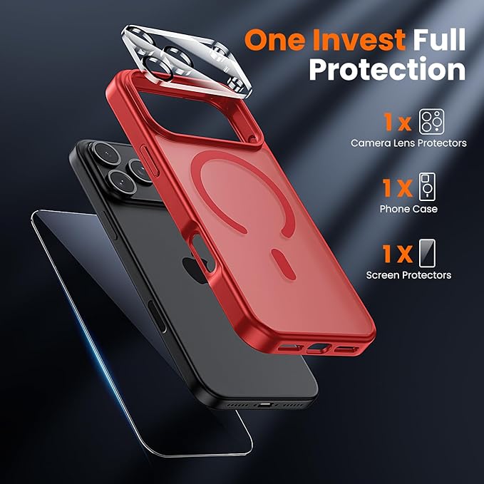 toushion 3 in 1 for iPhone 17 Pro Case Matte Red,Fits MagSafe, Screen Protector*1 Camera Lens Protector*1,Matte Skin Feeling Back, Cover Military-Grade Protection