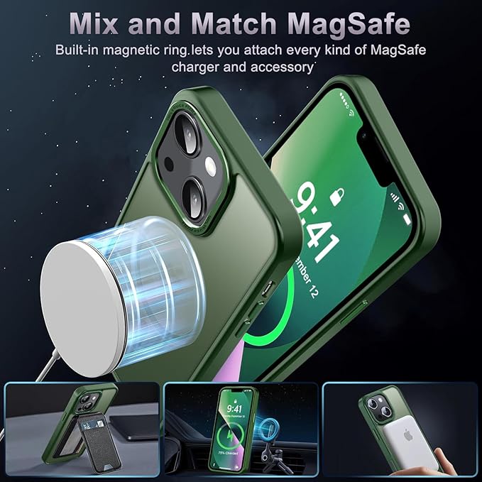 Newfuture Designed for iPhone 13 Case & iPhone 14 Case with Magnetic [13 FT Military Drop Protection] [Compatible with Magsafe] Slim Translucent Shockproof with Anti-Fingerprint Phone Case, Dark Green