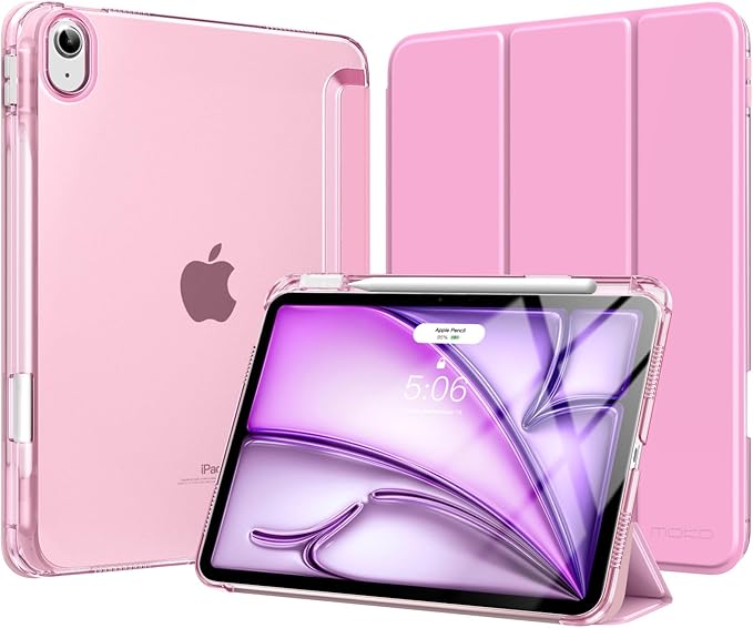 MoKo for iPad Air 11 inch Case (M4/M3/M2) 2026/2025/2024, iPad Air 5th/4th Gen 10.9 inch Case 2022/2020 with Pencil Holder, Slim Light Trifold Cover with Hard PC Translucent Back Shell, Pink