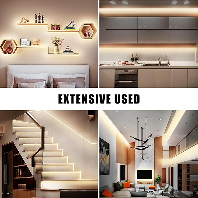 Tatazone 32.8ft 3000K Bright COB LED Strip Light, Dimmable, CRI93+, Warm White, Indoor, RF Remote, Adhesive, for Living Room, Shelf, Cabinet, Kitchen