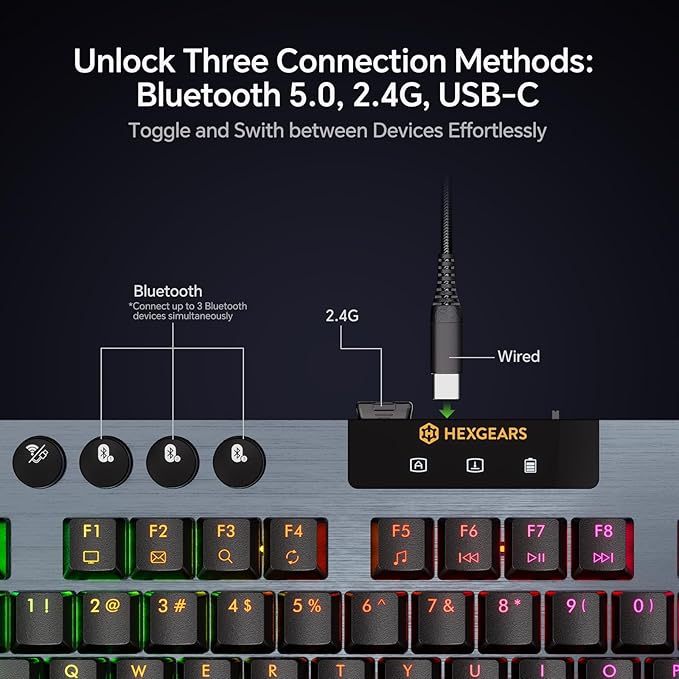 Hexgears Immersion A3 Low-Profile Wireless Mechanical Keyboard, TKL Hot-Swappable Aluminum Gaming Keyboard, BT5.0/2.4GHz/USB-C Clicky Switches, RGB Backlit, TFT Screen & 5800mAh Battery for Pc/Mac