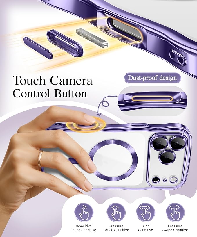 GVIEWIN for iPhone 17 Pro Max Case Compatible with MagSafe, Upgraded [Full Camera Protection][Cute Wave Frame][Military Grade Protection] Electroplated Hard Phone Cover for Women Girl, Clear/Purple