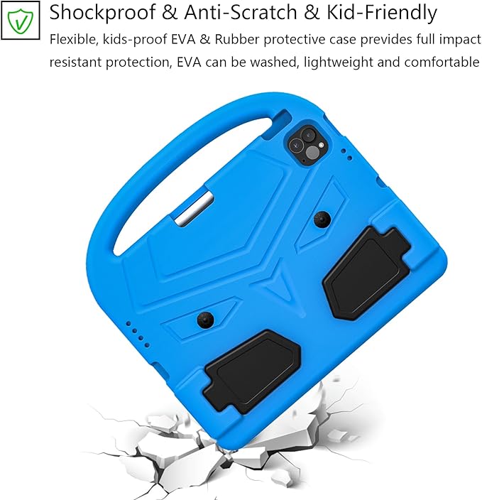 Kids Case for Apple iPad Pro 11 inch M5/M4 Tablet (2025/2024) with Pencil Holder/Handle/Kickstand Slim Lightweight Cute Soft EVA Foam Shockproof Stand Cover for Boys Girls Teens, Blue Bird