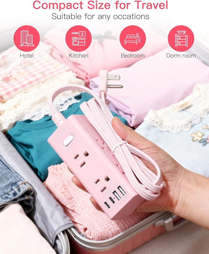 10Ft Extension Cord with Multiple Outlets,Flat Plug Power Strip Surge Protector with 10 Ft Long Cord,6 Outlet 4 USB Ports (2USB C),Multi Outlet Wall Plug for College,Dorm Essentials(Pink)