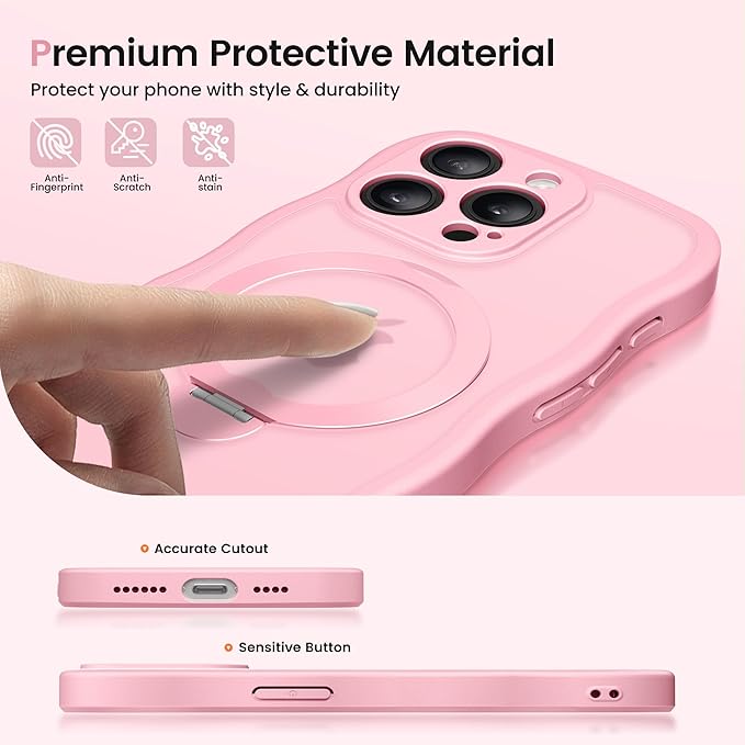 CAPRARO for iPhone 15 Pro Max Case with 360° Spin Magnetic Stand for Women, [Compatible with MagSafe] [Full Camera Protection] Cute Wave Translucent Matte Case for iPhone 15 Pro Max, Peach Pink