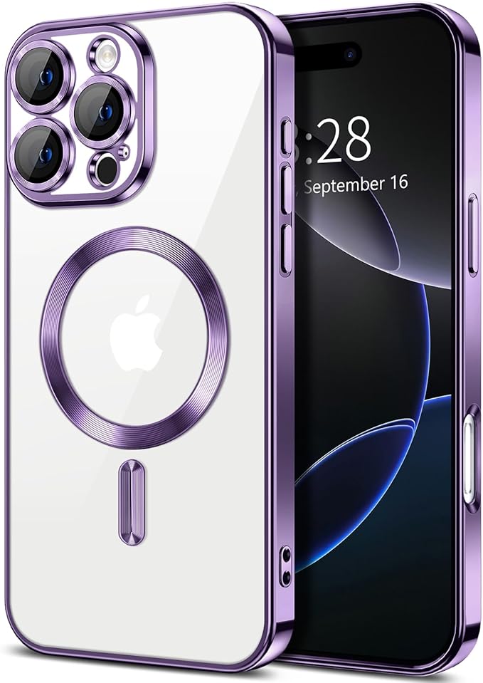Hython Magnetic Clear for iPhone 16 Pro Max Case with Camera Lens Protector [Compatible with MagSafe] Plating Edge Slim Soft TPU Cover Protective Phone Case for iPhone 16 Pro Max 6.9", Deep Purple