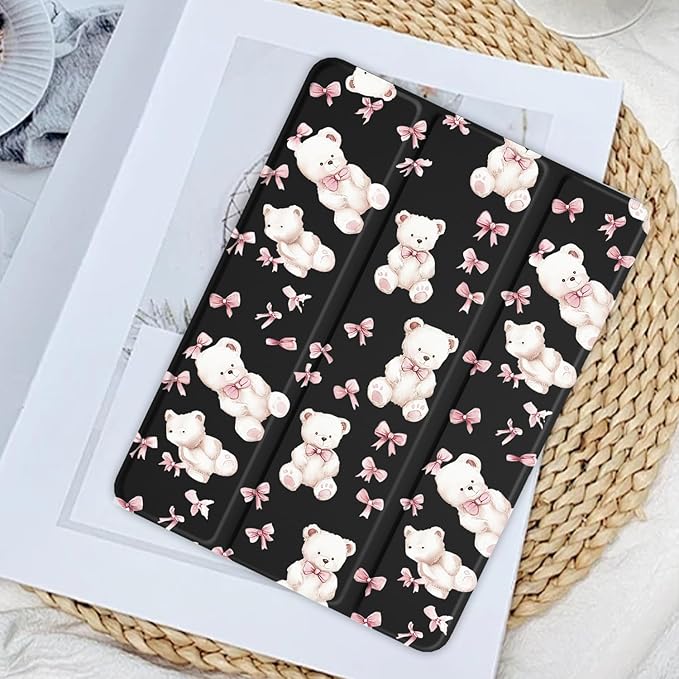JOYLAND Cute Pink Bear Bow Case for iPad 7th/8th/9th Generation, Girly Kawaii Animal Clear Acrylic Hard Back Black Case with Pencil Holder Trifold Stand Tablet Cover for iPad 10.2" 2019/2020/2021