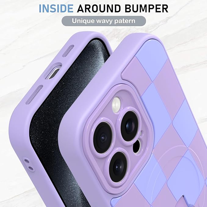 KANGHAR Compatible with iPhone 15 Pro Case, Support for MagSafe, Silicone Checkered Cute Pattern, Wristband Kickstand Camera Protection Soft Slim Cover for Girls Women -Purple