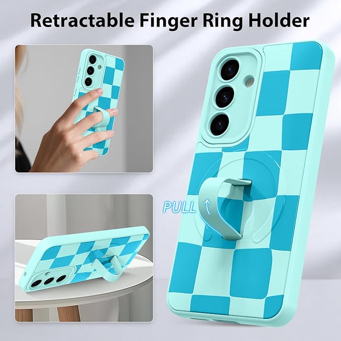 KANGHAR Compatible with Samsung Galaxy S25 Case, Support for MagSafe, Silicone Checkered Cute Pattern, Wristband Kickstand Camera Protection Soft Slim Cover for Girls Women -Blue